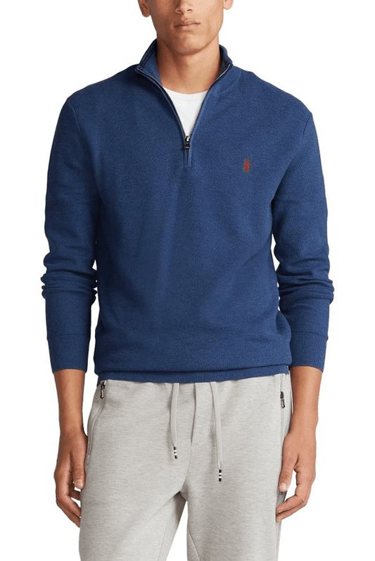 Mesh Knit Cotton Sweater with Half Zip
