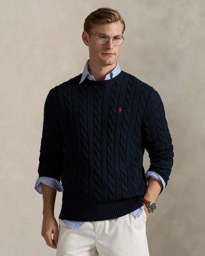 CABLE-KNIT SWEATER – NAVY BLUE